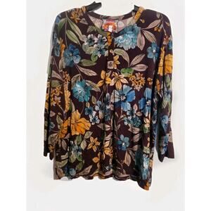 Johnny Was Floral Henley Top 3/4 Sleeve Women's L Boho Cottagecore Soft Feminine